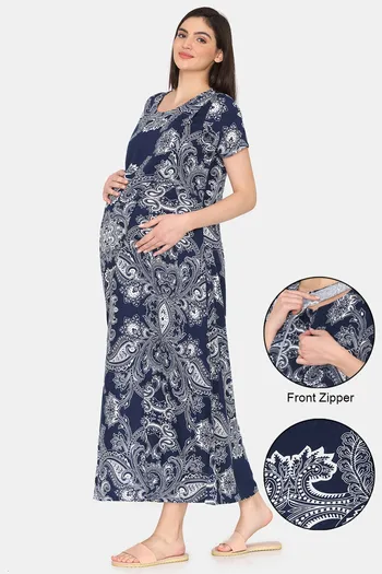 Buy Coucou Maternity Woven Full Length Loungewear Dress With Front Zipper And Discreet Feeding - Blue Depths